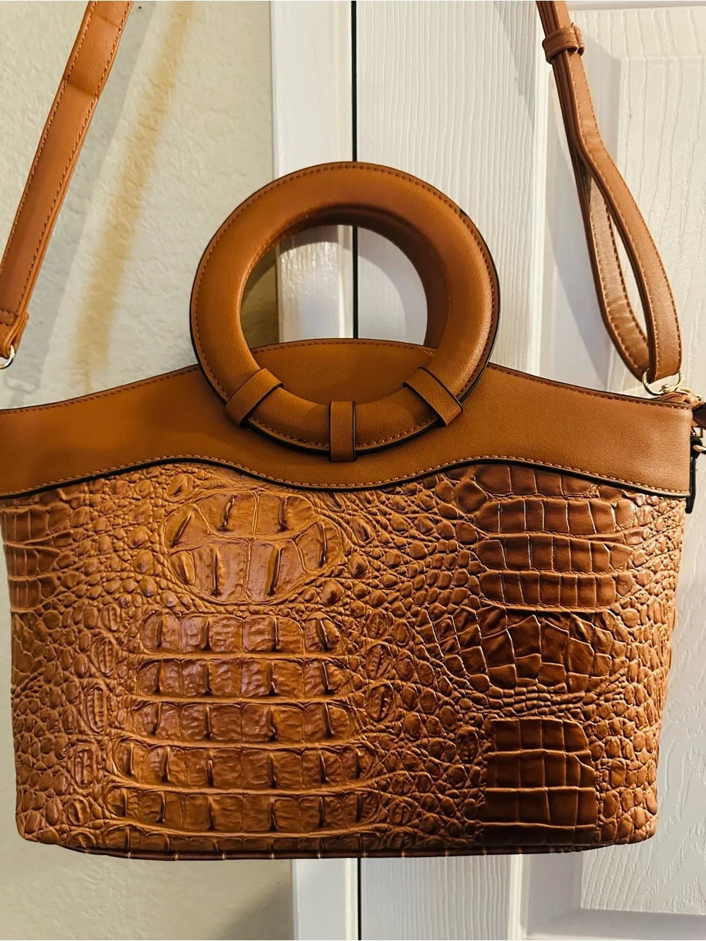 Tan Croc-Embossed Shoulder Bag with matching wallet